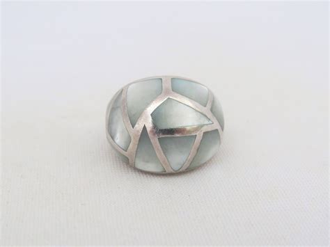 Vintage Modernist Sterling Silver Inlay Mother Of Pearl Dome Ring Size