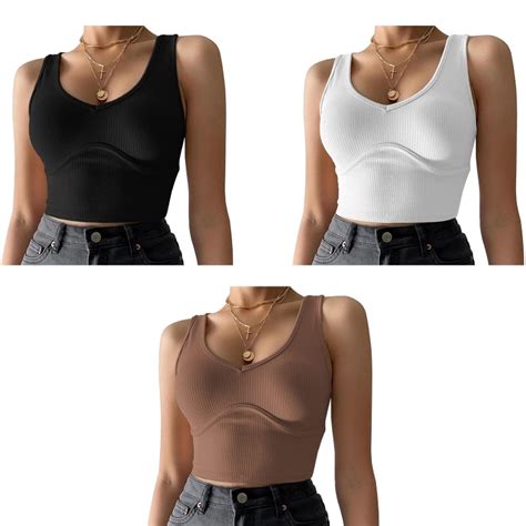 449b Women Sexy Sleeveless Seamless Crop Top Deep V Neck Ribbed Fitted