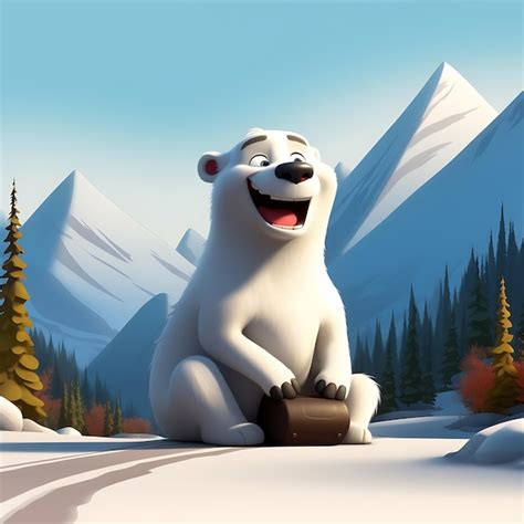 Um Urso Polar Est Sentado Na Neve Montanhas Ao Fundo Foto Premium