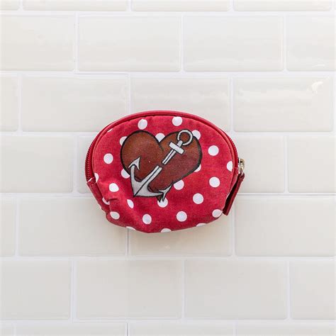 Hand Painted Sailor Heart And Anchor Change Purse Red With Polka Dots