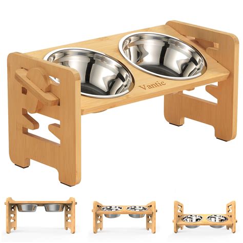 Vantic Adjustable Raised Pet Bowls For Small Dogs And Cats Bamboo Stand