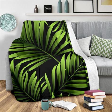 Green Neon Tropical Palm Leaves Fleece Blanket Jorjune