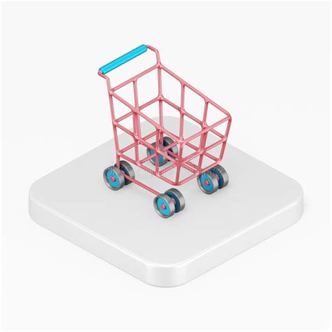 Red Shopping Cart Icon On Wheels 3d Rendering Square Button Key