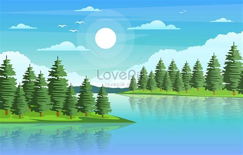 흐르는 강과 숲 자연 풍경 벡터 일러스트 무료 다운로드 Lovepik