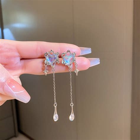 New Irregular Inlaid Zircon Moonstone Love Tassel Earrings Women Trendy