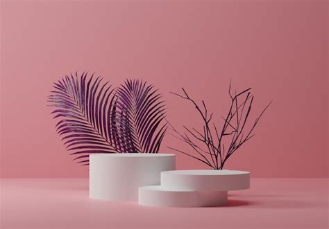 Fondo rosa mínimo y hojas y ramas naturales con maqueta de podio de