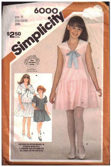 Simplicity 6000 Girls Dropwaist Dress Size N 10 12 14 Uncut Sewing Pattern