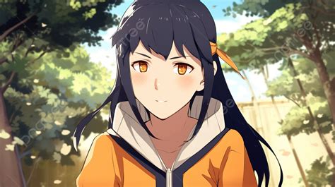 Gadis Anime Berbaju Kuning Dengan Rambut Hitam Tunjukkan Gambar Hinata Latar Belakang Untuk