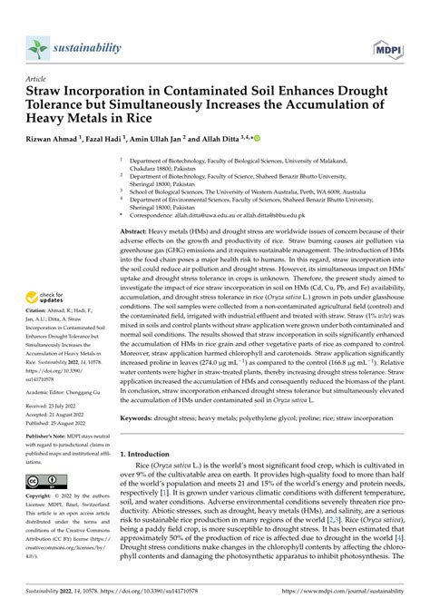 Pdf Straw Incorporation In Contaminated Soil Enhances Drought