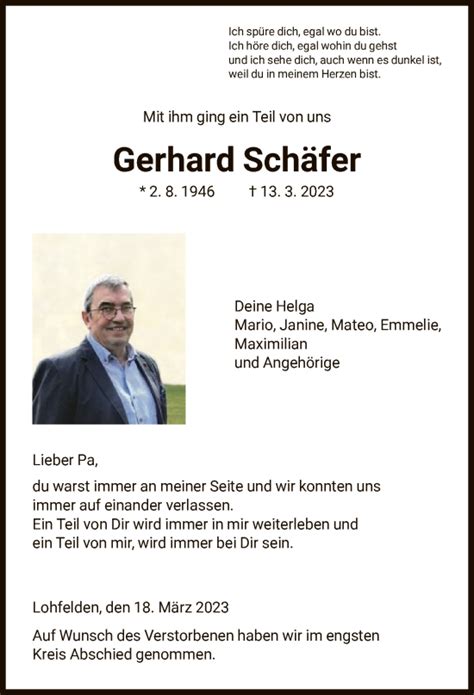 Traueranzeigen Von Gerhard Sch Fer Trauer Hna De