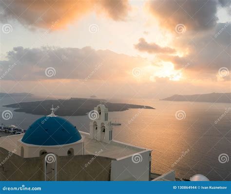 Sunset Over Aegean Sea with View To Virgin Mary Catholic Church Three Bells of Fira, Santorini ...