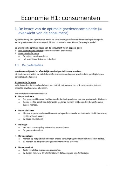 Economie H Samenvatting Eerste Hoofdstuk Economie H