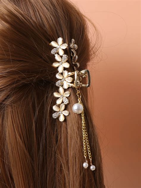 Faux Pearl Chain Fringe Flower Decor Hair Claw Artofit