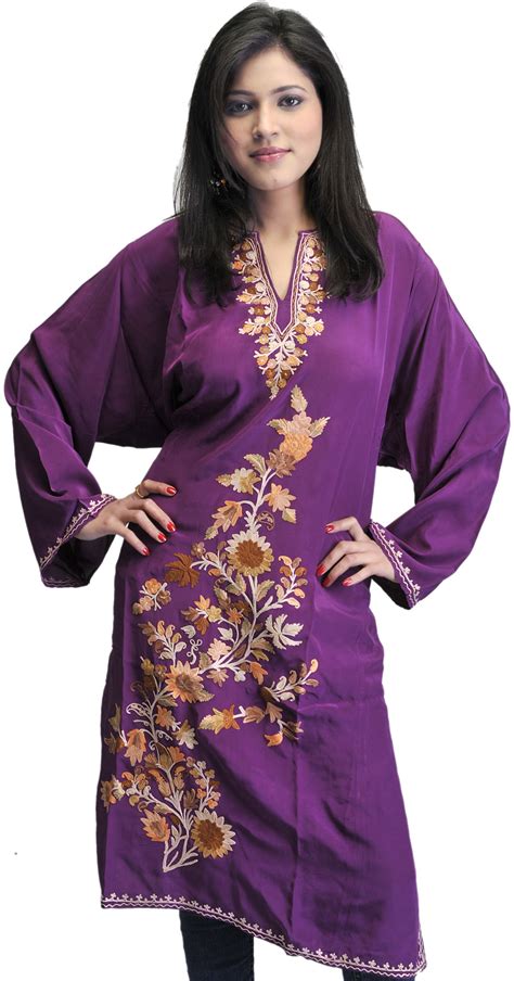 Purple Kashmiri Phiran With Embroidered Paisleys Exotic India Art