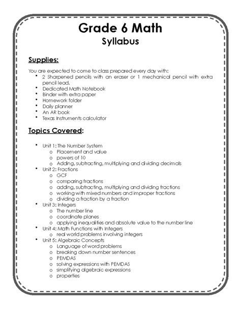 276112359 Math 6 Syllabus Grade 6 Math Syllabus Supplies You Are