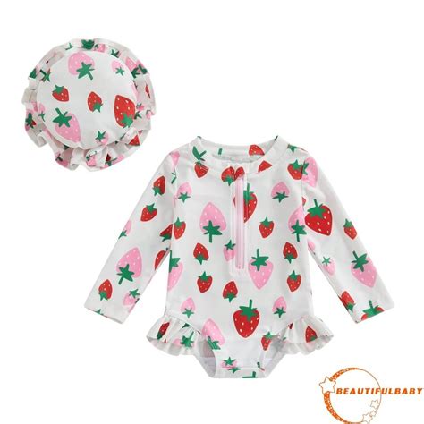 Beauty Baby Girls Swimsuit Strawberry Print Long Sleeve Bikini With Hat Newborn Swimwear For