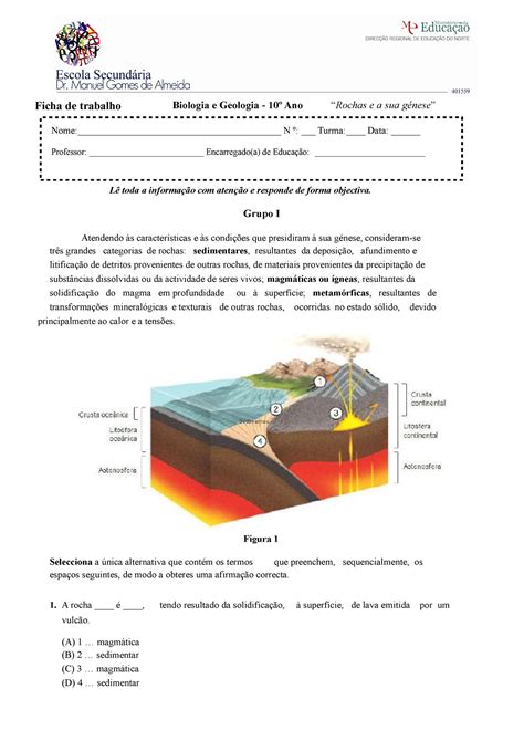 Ficha De Trabalho Biologia E Geologia 10o Ano Rochas E A Sua Genese 1