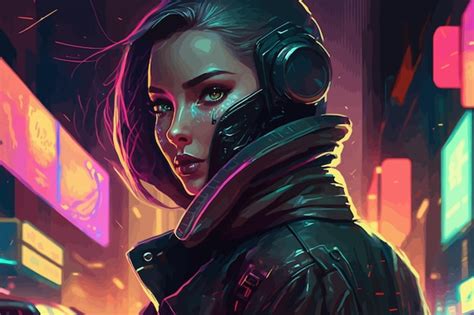 Mundo Abstracto De Mujer Cyberpunk Con L Neas De Ne N Estilo Plano