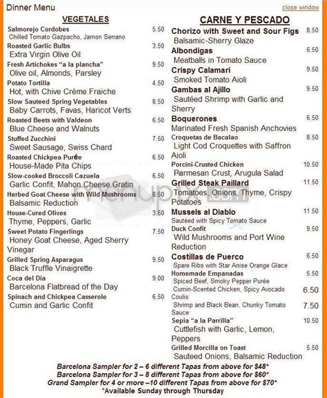 Menu of Barcelona Restaurant in West Hartford, CT 06107