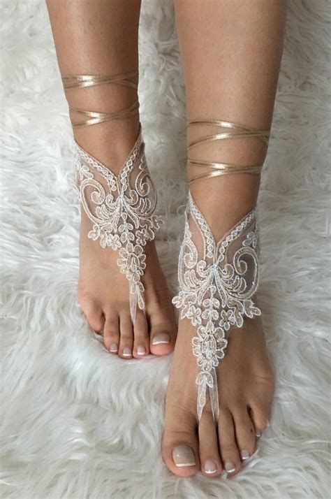 Champagne Ivory Frame Lariat Barefoot Sandals French Lace Sandals