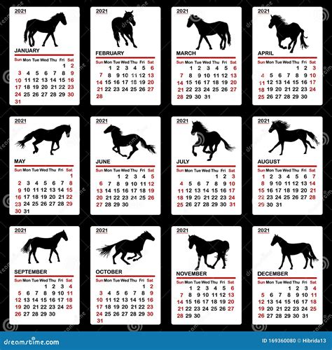 Calendario 2021 Con Siluetas De Caballos Ilustración Del Vector