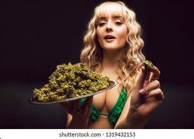 Blonde Caucasian Woman Cannabis Bikini Poses Stock Photo 1319432153 Shutterstock