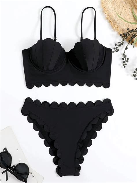 Scallop Trim Push Up Bikini Swimsuit Shein Usa