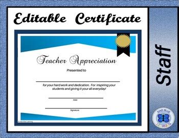 Teacher Appreciation Certificate - Editable by Diazi Blue Learning