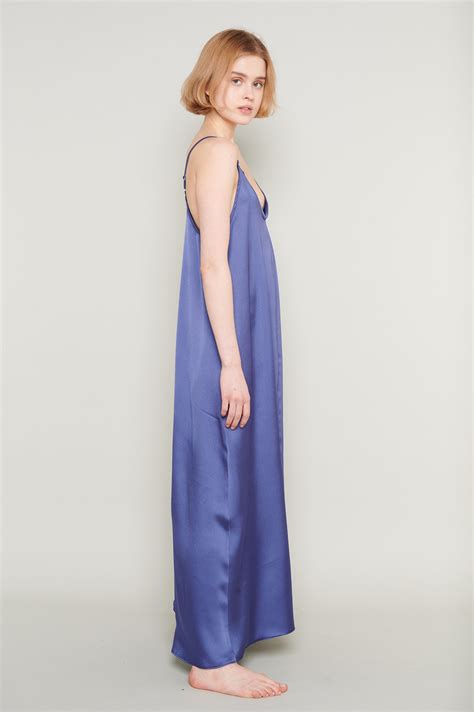 Luxurious Blue Satin Maxi Nightgown Sleek Flowing Lounge Dress