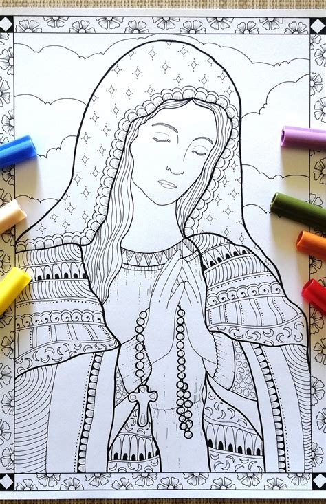 Madonna With Rosaries Printable Coloring Loring Page For Adults