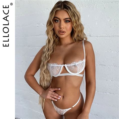 Ellolace Lingerie Underwear Women Sexy Lace Transparent Bra Set White