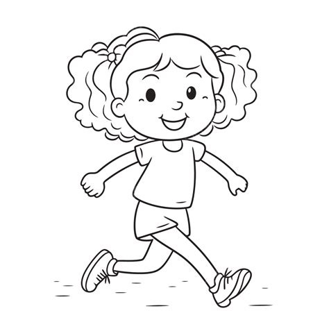 Dibujo De Niña Corriendo Para Colorear Páginas Esquema Boceto Vector