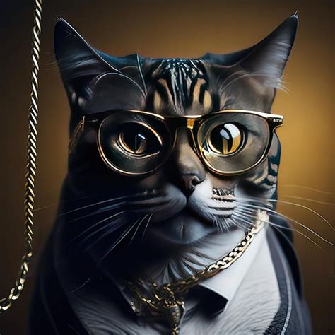 Premium AI Image | A cat wearing glasses and a necklace with a gold chain.