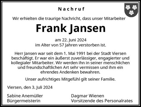 Alle Traueranzeigen für Frank Jansen trauer rp online de