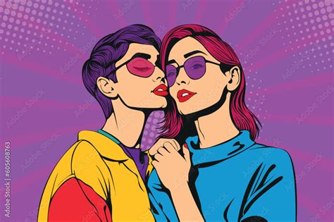 Lesbian Couple Hugging And Kissing Pride Girls Love Illustration In