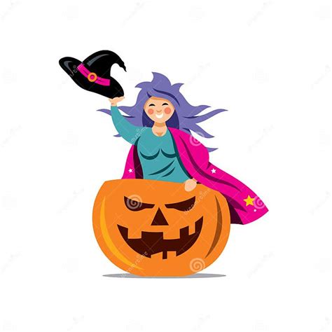 Vector Halloween Witch In Pumpkin Cartoon Illustration Stock Vector