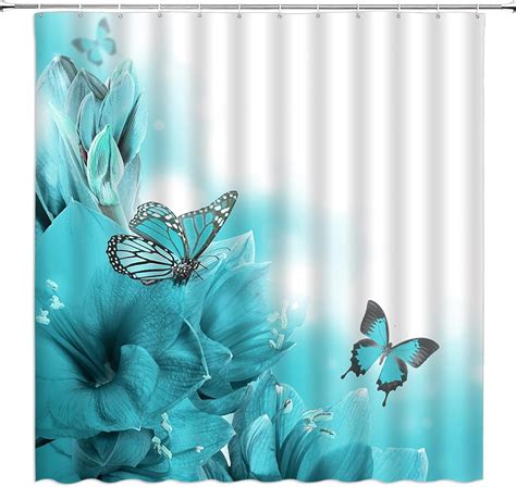 Flower Butterfly Shower Curtain Teal Floral Dream Spring Blossom Plant