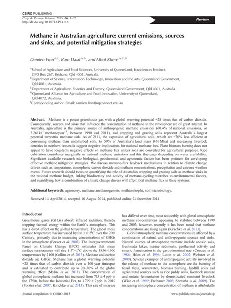 Methane in Australian Agriculture Current Emissions, Sources and Sinks, and Potential Mitigation ...
