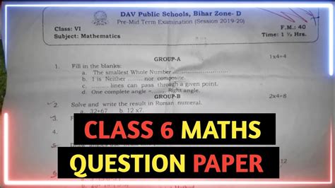 Dav Class 6 Question Paper 🗞️ Of Math Of Periodic Test 1 Dav Paper