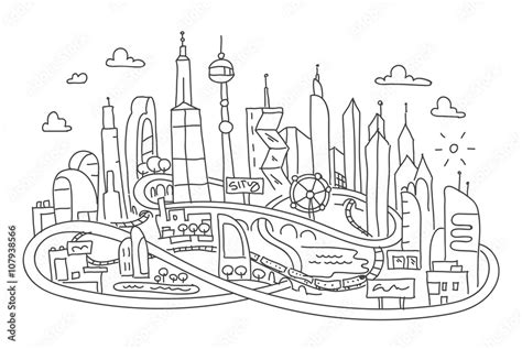 Hand line drawing, futuristic city architecture Stock Vector | Adobe Stock