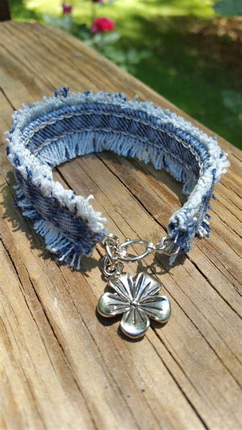 Upcycled Frayed Denim Bracelet With Flower Charm Etsy Denim