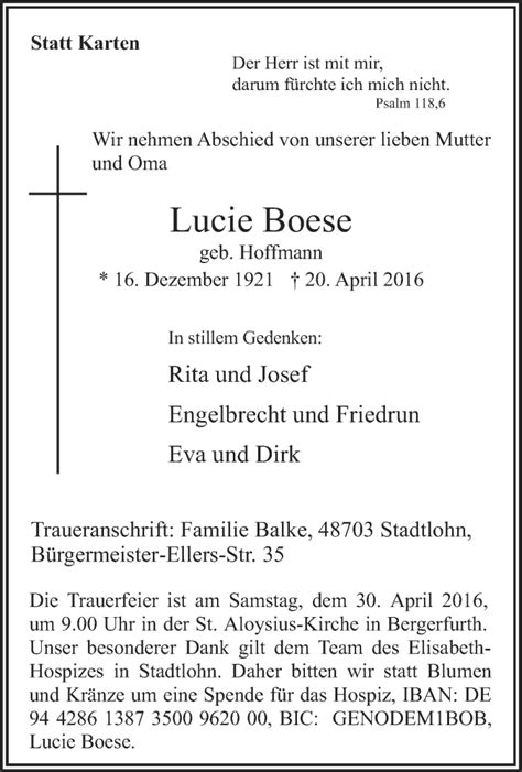 Traueranzeigen Von Lucie Boese Trauer In NRW De