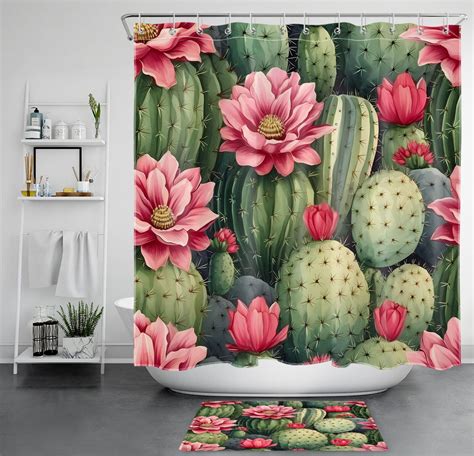 Chic Oasis Vibrant Green Cactus Pink Floral Shower Curtain Set