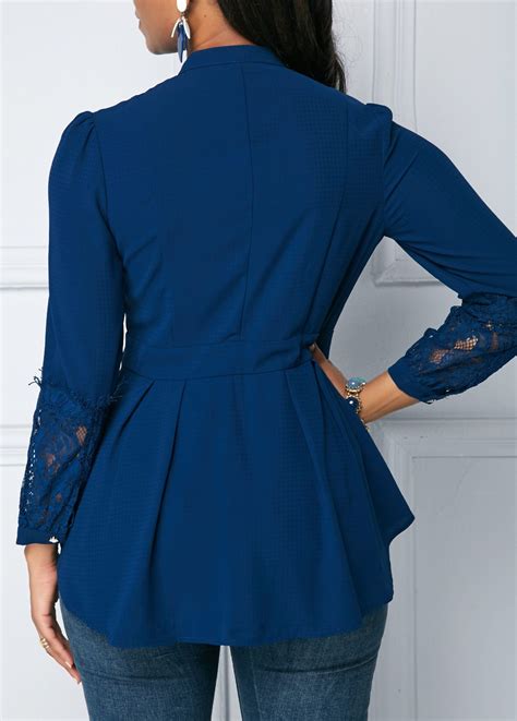 Lace Panel Crinkle Chest Navy Blue Peplum Blouse Usd 27