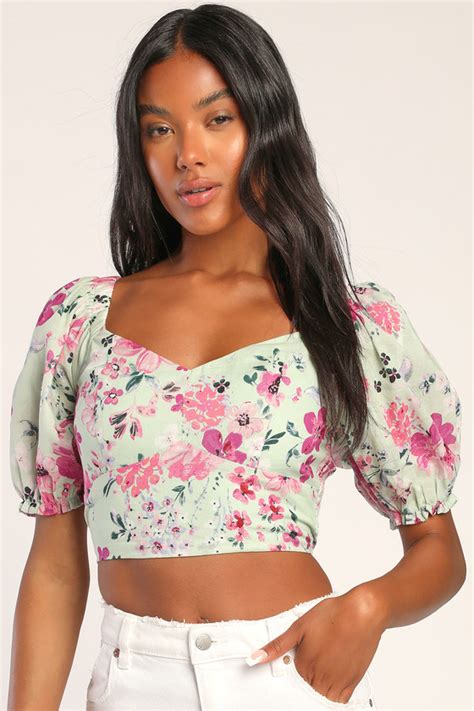 Floral Print Top Green Floral Crop Top Puff Sleeve Crop Top Lulus