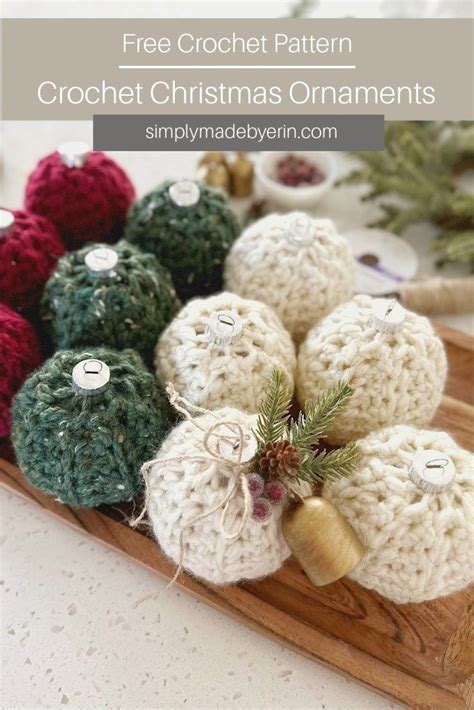 Crochet Christmas Ornaments On A Wooden Tray With Pine Cones And