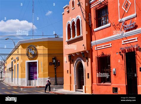 A Colorful Street With Restored Colonial Buildings In The Historic City Of Merida Yucatan