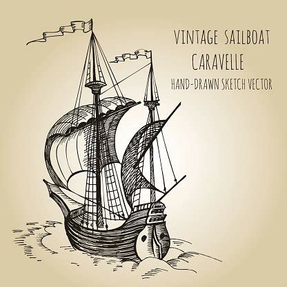 Old Caravel Vintage Sailboat Hand Drawn Vector Sketch Stock Vector