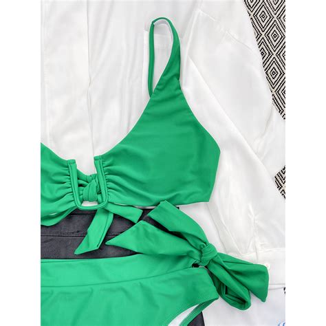 U Wire Knotted Wrinkled Female Swimsuit High Waist Bikini Women Green