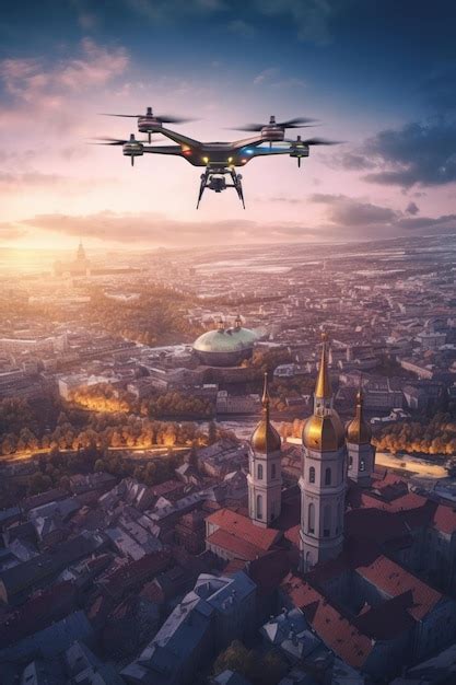 Premium Ai Image Ai Powered Drone Flying Over A Cityscape Created